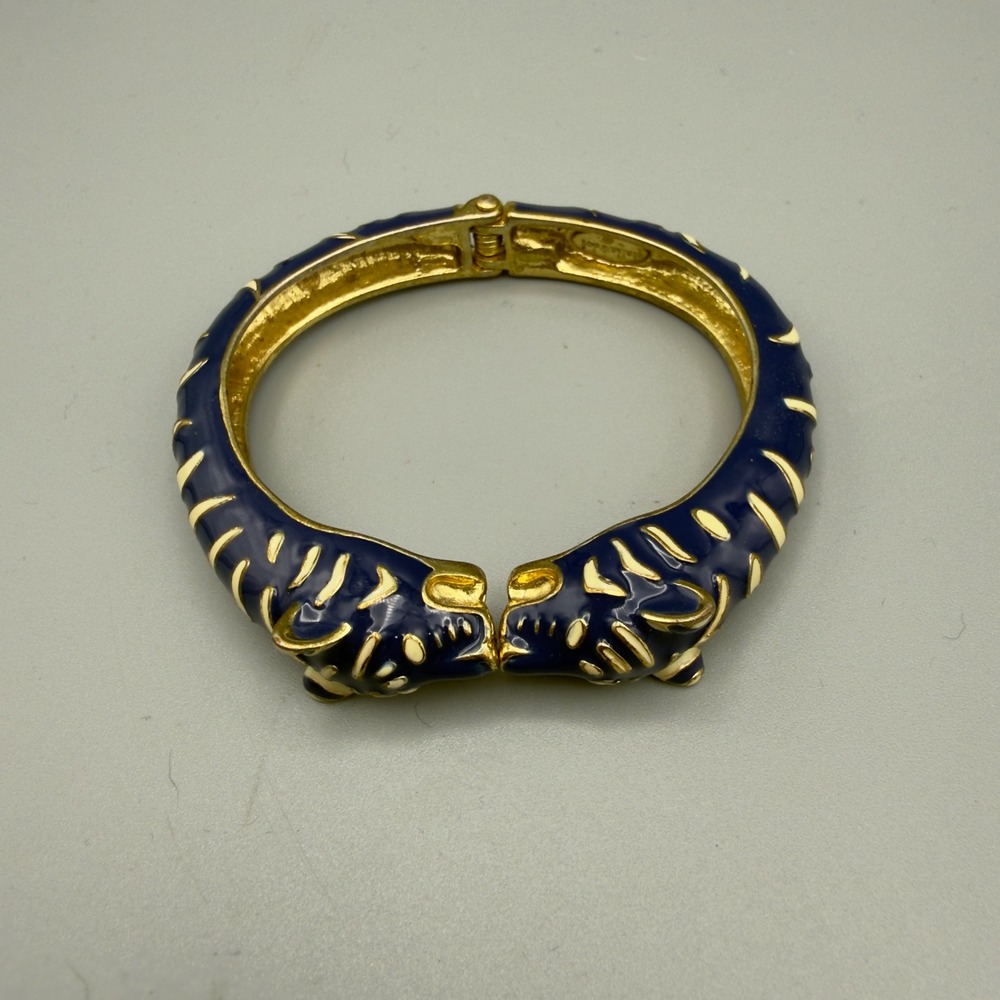 Stella & Dot Lakra Tiger Head Bangle Bracelet Blue Enamel Gold Tone Hinged